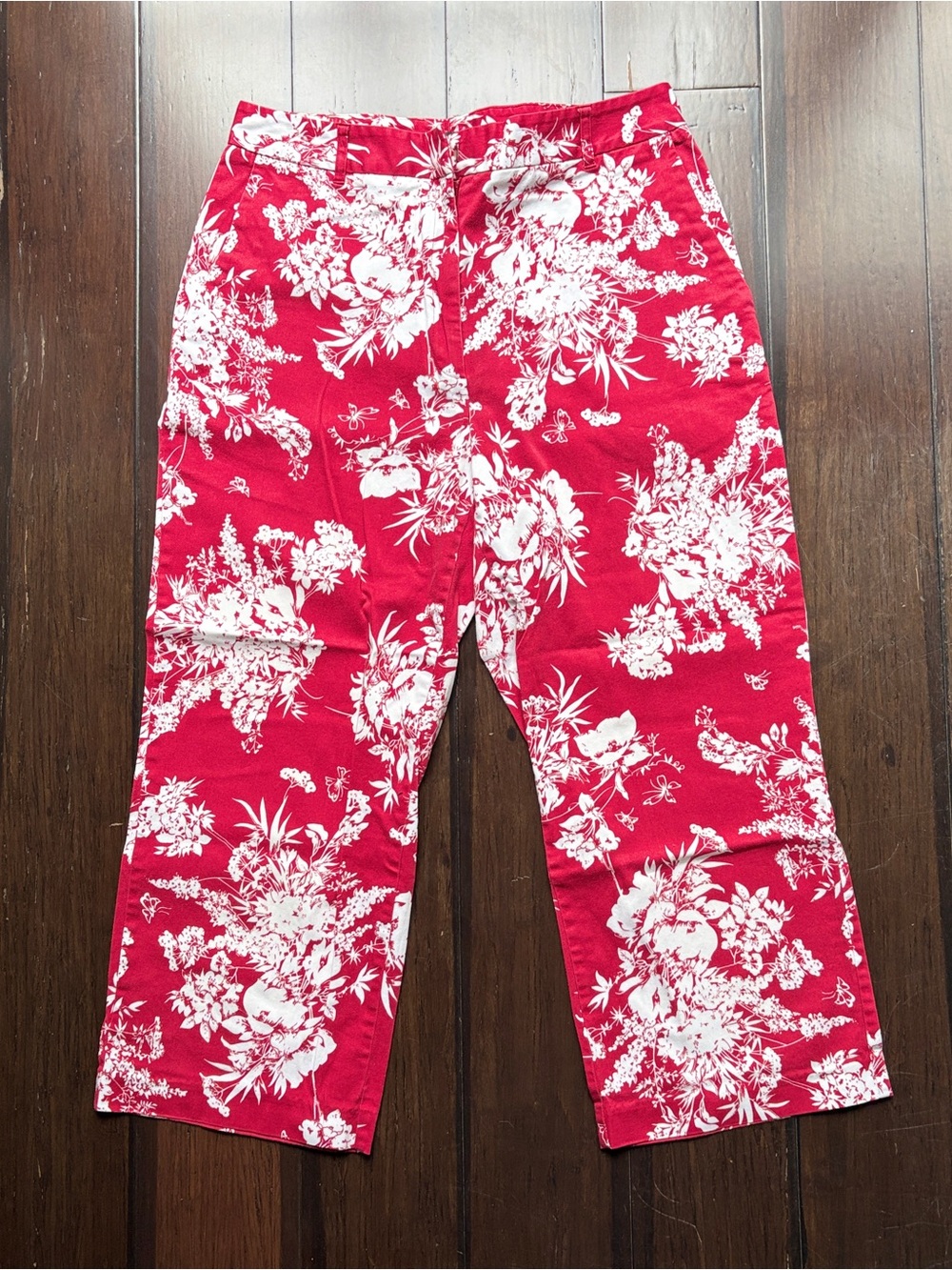 Cropped Pants Van Heusen Stretch Red Floral Print Women 8 Cotton Cottagecore
